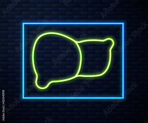 Glowing neon line Human organ liver icon isolated on brick wall background. Vector