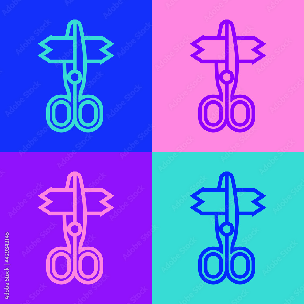 Fototapeta premium Pop art line Scissors icon isolated on color background. Tailor symbol. Cutting tool sign. Vector