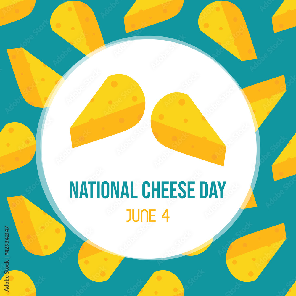 National Cheese Day greeting card, illustration with cute cartoon style cheese chunks and seamless pattern background. June 4.
