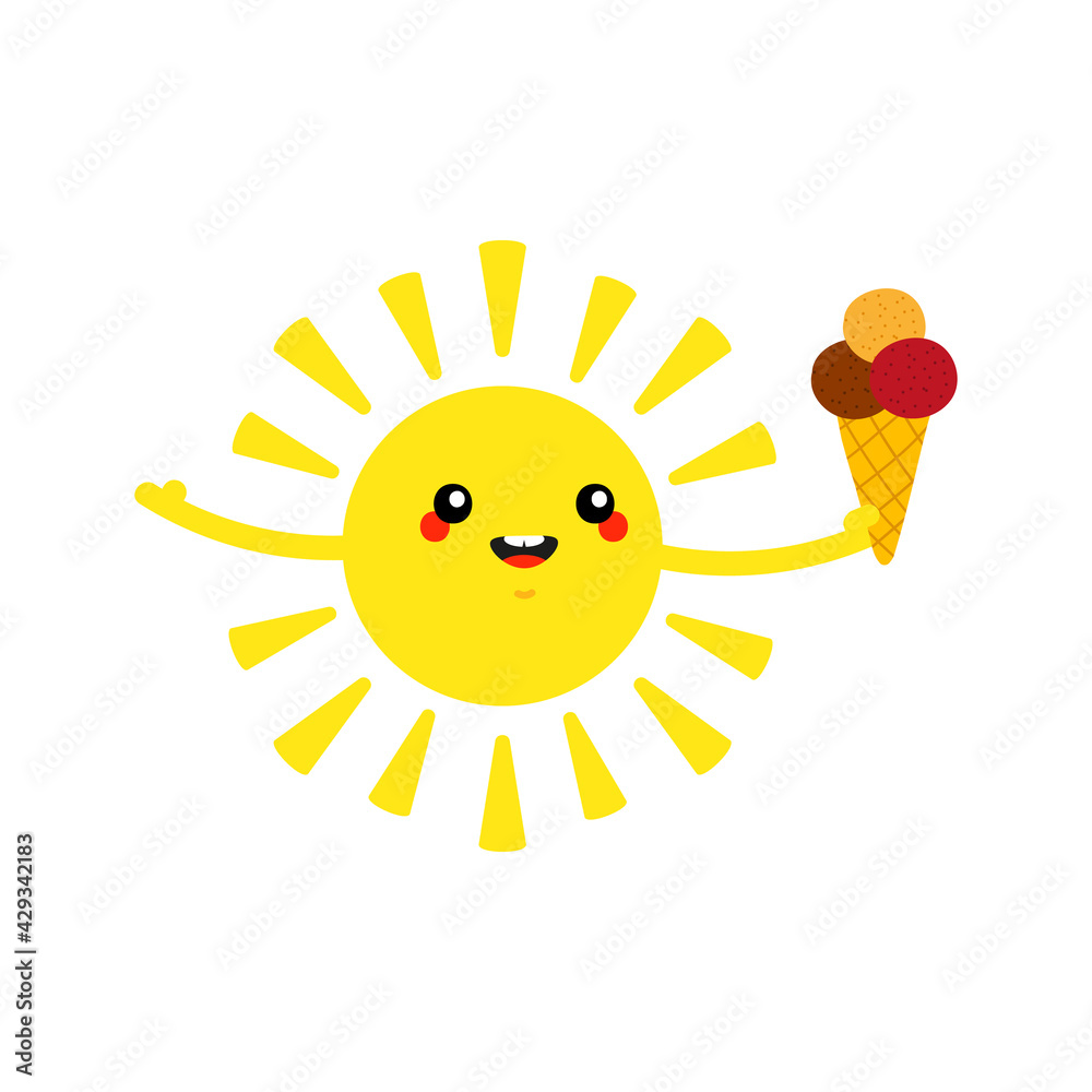 Cute cartoon style smiling shining sun character holding ice cream cone in in hand for summer vacation design.
