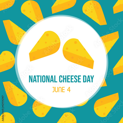 National Cheese Day greeting card, illustration with cute cartoon style cheese chunks and seamless pattern background. June 4.
