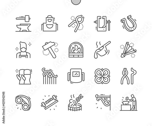 Blacksmith. Horseshoe, hammer, molten metal. Forging machine. Handwork, craftsmanship, forge, steel and metalwork. Pixel Perfect Vector Thin Line Icons. Simple Minimal Pictogram