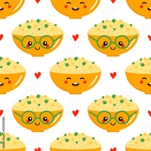 Cute and smiling cartoon style hummus bowls characters and red hearts vector seamless pattern background.

