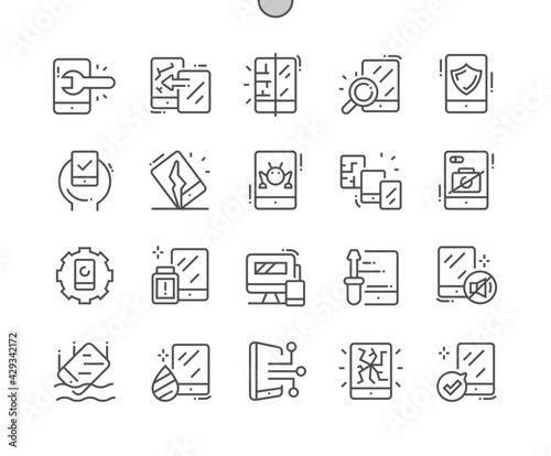Repair smartphone. Checking the phone. Smartphone crashed. Phone protection. Screwdriver, fixing, engineer, mobile and hardware. Pixel Perfect Vector Thin Line Icons. Simple Minimal Pictogram