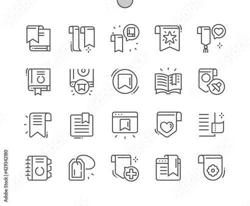 Bookmark. Saved link. Book, reading, literature, tag, ribbon, label and sticker. Diary with bookmarks. Pixel Perfect Vector Thin Line Icons. Simple Minimal Pictogram