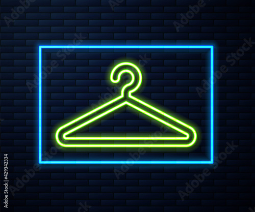 Glowing neon line Hanger wardrobe icon isolated on brick wall background. Cloakroom icon. Clothes service symbol. Laundry hanger sign. Vector