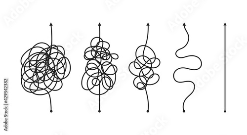 Complex and easy simple way from start to end. Chaos simplifying, problem solving and business solution searching challenge concept vector illustration set. Hand drawn doodle scribble chaos path lines