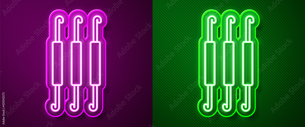 Glowing neon line Crochet hook icon isolated on purple and green background. Knitting hook. Vector Glowing neon line Crochet hook icon isolated on purple and green background. Knitting hook. Vector