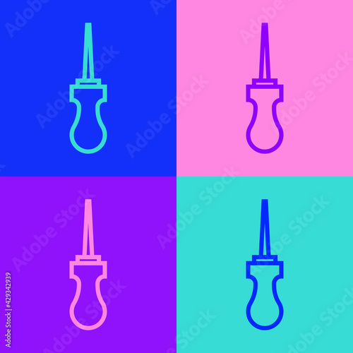 Pop art line Awl tool with wooden handle icon isolated on color background. Work equipment tailor industry. Vector
