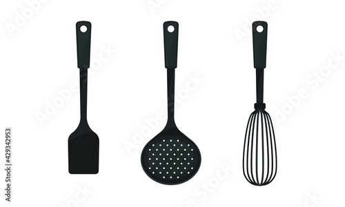 Black Kitchen Utensil with Spatula and Slotted Spoon Vector Set