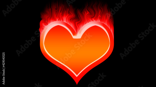 red heart with fire effect and 3d. black background