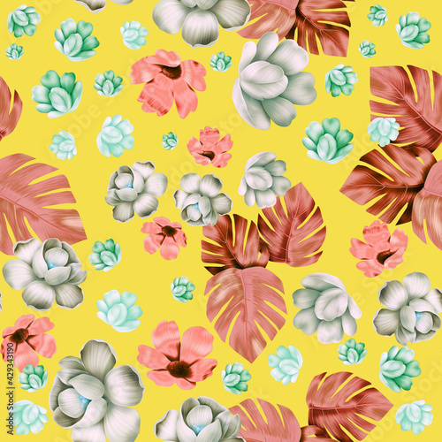 Colourful Seamless Pattern with tropic flowers and leaves. Hi quality fashion design. Fresh and unique botanical background