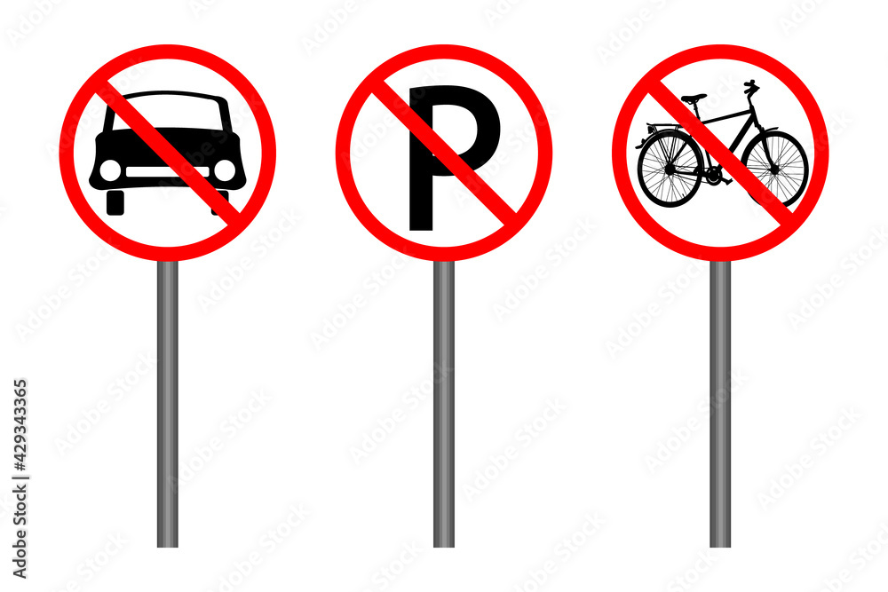 Set of red prohibition sign isolated on white background. Traffic restriction signs. No car, no bicycle or no parking. Collection of regulatory road signs. Do not enter. Stock vector illustration