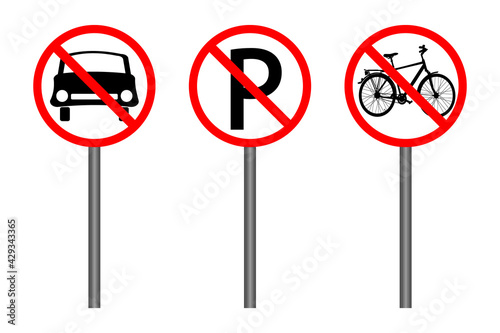 Set of red prohibition sign isolated on white background. Traffic restriction signs. No car, no bicycle or no parking. Collection of regulatory road signs. Do not enter. Stock vector illustration