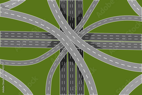 Road junction and bridges top view isolated on green background. Aerial view of highway. Empty intersections and overpasses. Traffic infrastructure. Autobahn or expressway concept. Vector illustration