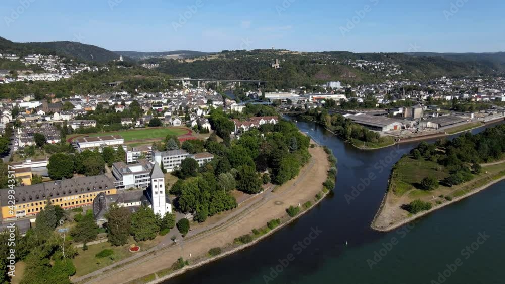 Aerial drone shot of Lahnstein, Germany along the Rhine River. Aerial drone shot of Lahnstein, Germany along the Rhine River.