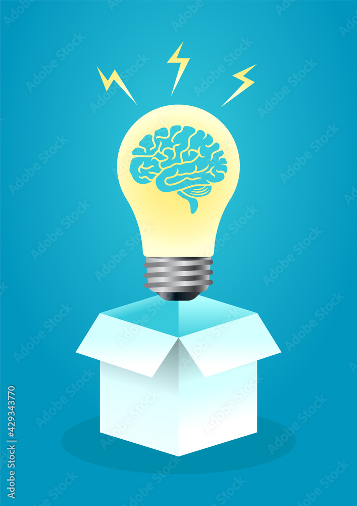 vector illustration of brain in the bulb appear from open box. describe open mind, thinking, open mind, and creative think. business concept illustration vector illustration of brain in the bulb appear from open box. describe open mind, thinking, open mind, and creative think. business concept illustration