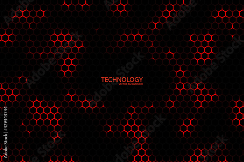 Technology hexagonal vector background. Red bright energy blinks under the hexagon in dark modern futuristic illustration. Black mesh honeycomb texture.