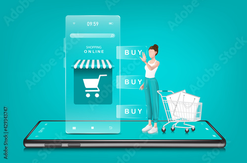 A woman orders products online through a smartphone application. With a smartphone and a shopping cart as visual elements,shopping online concept design