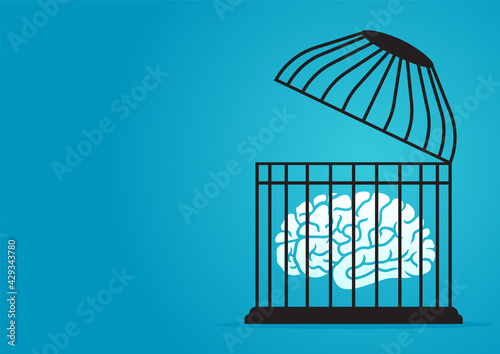 vector illustration of brain in the open cage. describe think out of the box, open mind, and creative think. business concept illustration