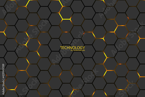 Hexagonal tech vector background. Yellow energy flashes under the hexagon in dark modern futuristic illustration. Black mesh honeycomb texture.