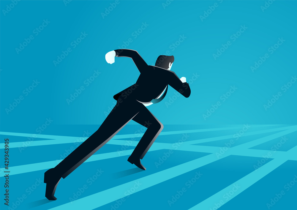 vector illustration of a businessman running on line. describe race , compete, and move. business concept illustration