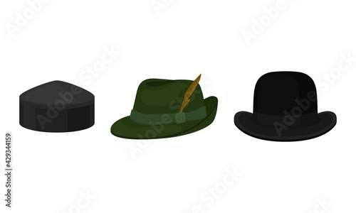 Various Headdress with Black Bowler Hat and Robin Hood Hat with Feather Vector Set