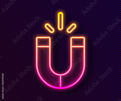 Glowing neon line Magnet icon isolated on black background. Horseshoe magnet, magnetism, magnetize, attraction. Vector