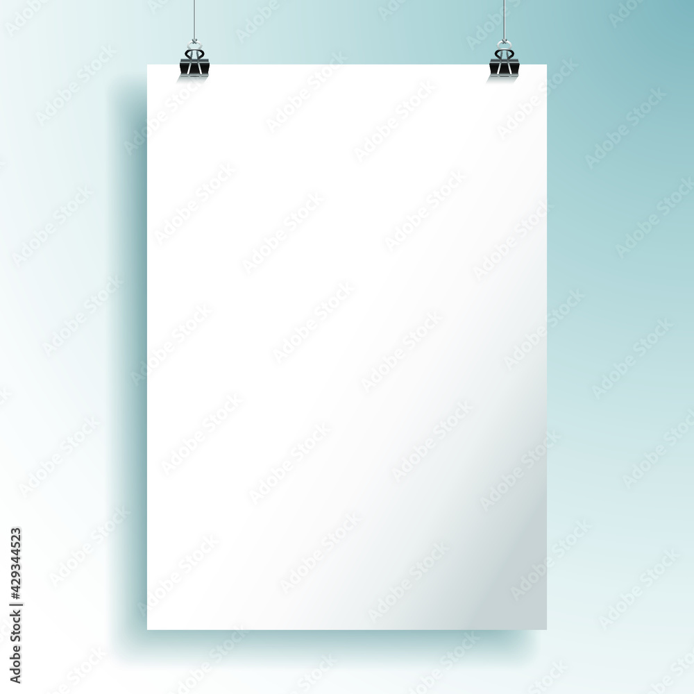 White sheet of paper hangs on the clamps. Eps10 vector illustration.