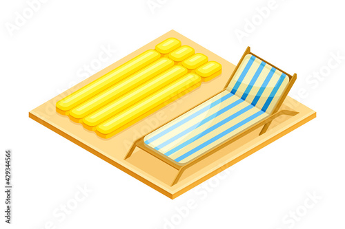 Square Area with Plank Bed and Rubber Raft as Beach Vacation Isometric Vector Illustration