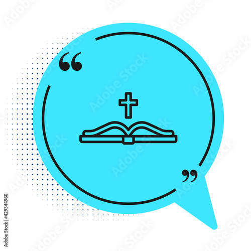 Black line Holy bible book icon isolated on white background. Blue speech bubble symbol. Vector
