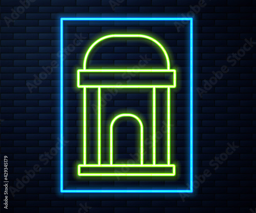 Glowing neon line Old crypt icon isolated on brick wall background. Cemetery symbol. Ossuary or crypt for burial of deceased. Vector