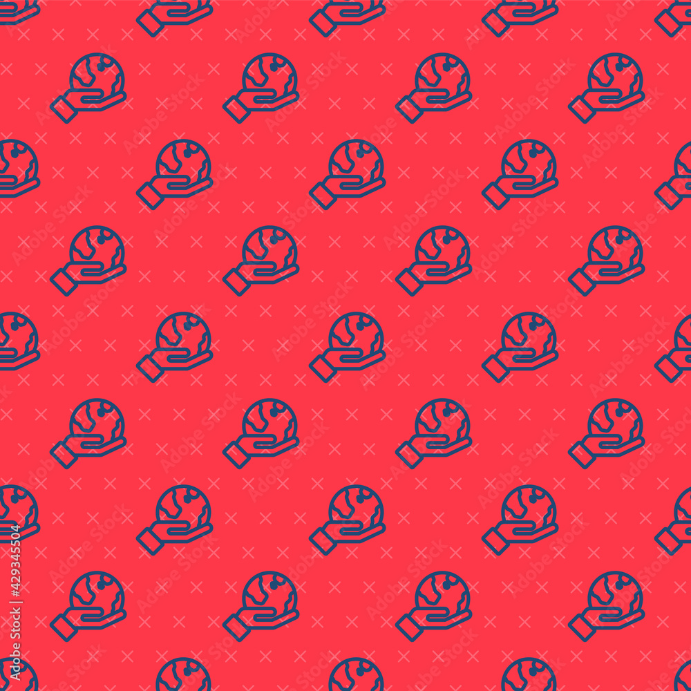 Blue line Human hand holding Earth globe icon isolated seamless pattern on red background. Save earth concept. Vector Blue line Human hand holding Earth globe icon isolated seamless pattern on red background. Save earth concept. Vector