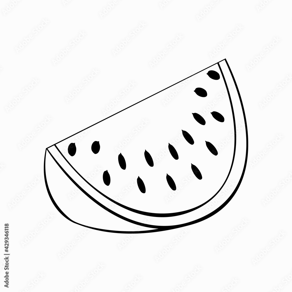 An outline vector illustration of a watermelon piece isolated on white background. Designed in black and white colors for prints, wraps as a coloring page for kids and adults.