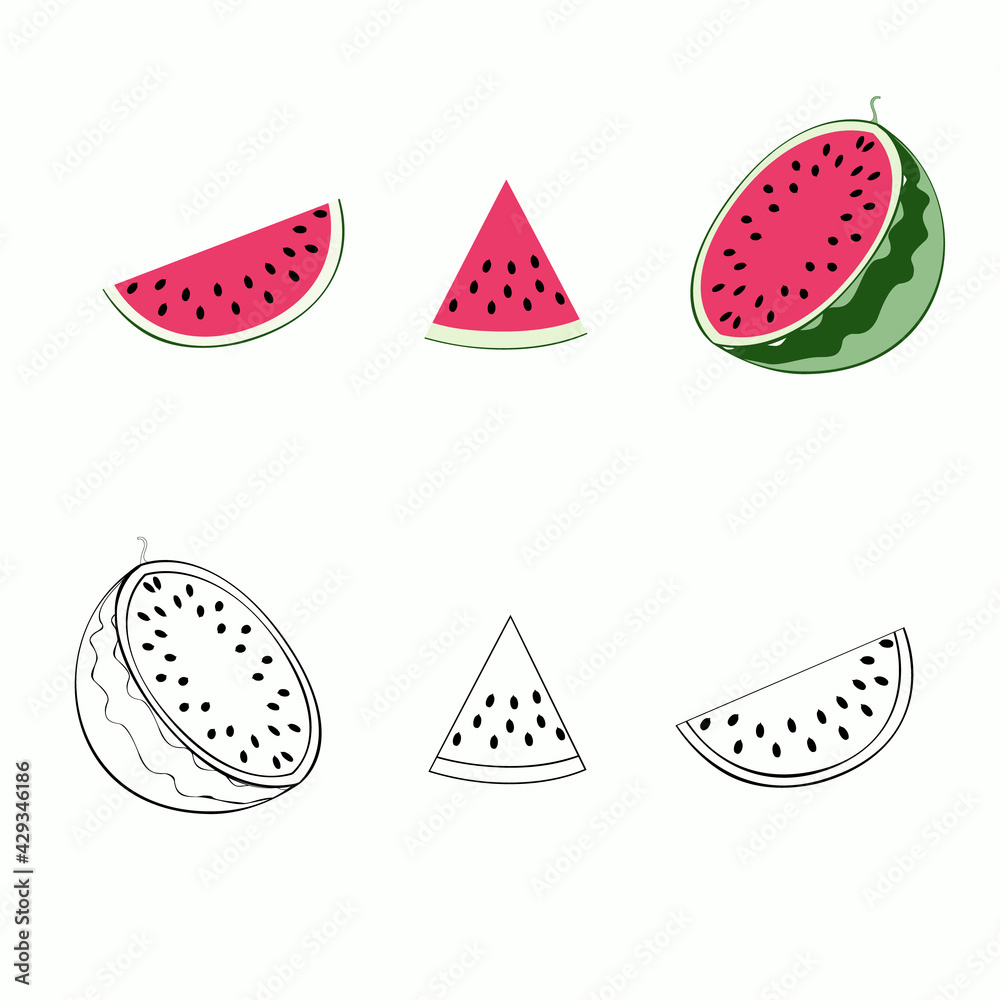 An outline vector illustration of six watermelon pieces isolated on white background. Designed in red and green colors for prints, wraps as a coloring page for kids and adults. An outline vector illustration of six watermelon pieces isolated on white background. Designed in red and green colors for prints, wraps as a coloring page for kids and adults.