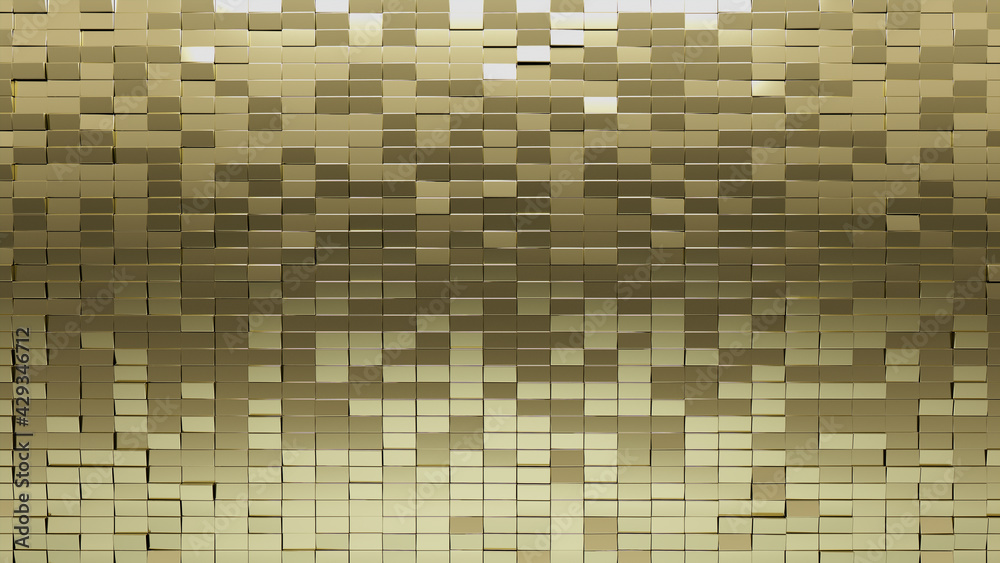 Gold, Glossy Mosaic Tiles arranged in the shape of a wall. Rectangle, Polished, Bullion stacked to create a 3D block background. 3D Render Gold, Glossy Mosaic Tiles arranged in the shape of a wall. Rectangle, Polished, Bullion stacked to create a 3D block background. 3D Render