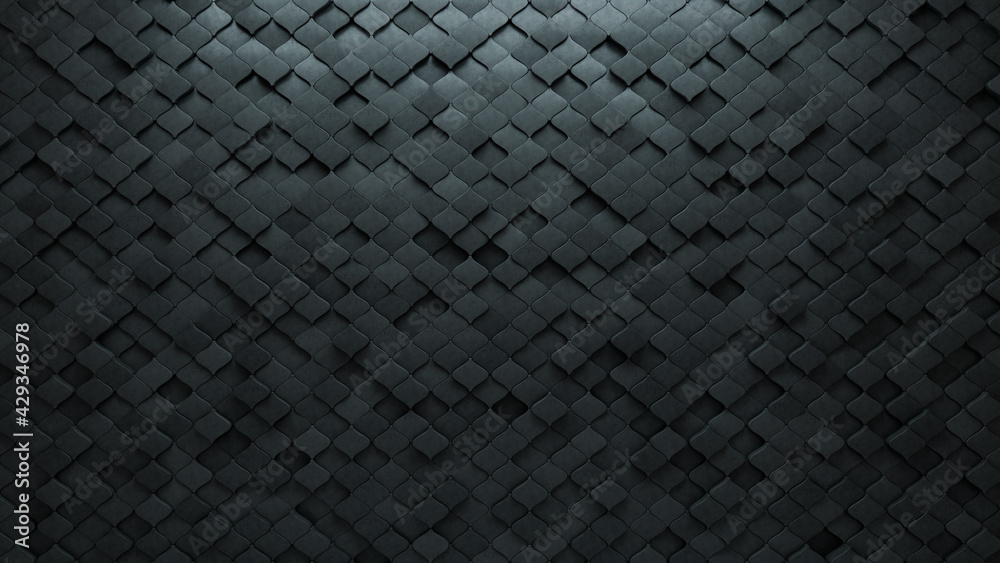 Arabesque, Semigloss Mosaic Tiles arranged in the shape of a wall. Concrete, 3D, Bricks stacked to create a Polished block background. 3D Render