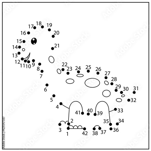 Educational kids game. Dot to dot drawing of cute dinosaur. Worksheet, activity page for children. Drawing tutorial. Coloring page for book.