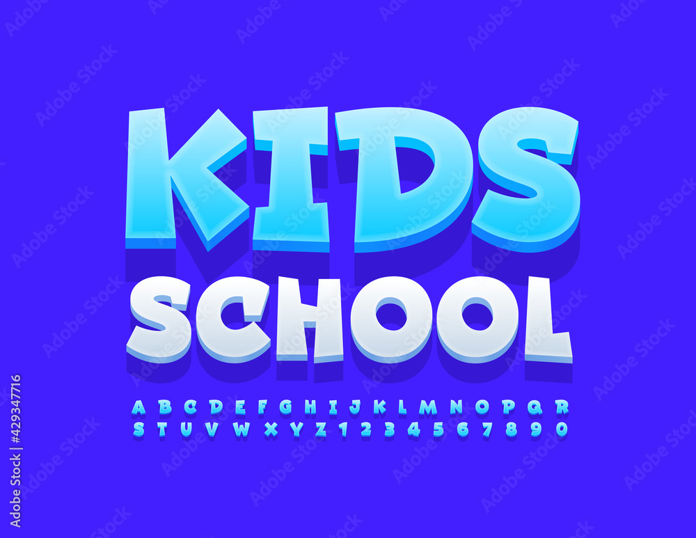 Vector colorful Sign Kids School. Funny White 3D Font. Artistic Alphabet Letters and Numbers set
