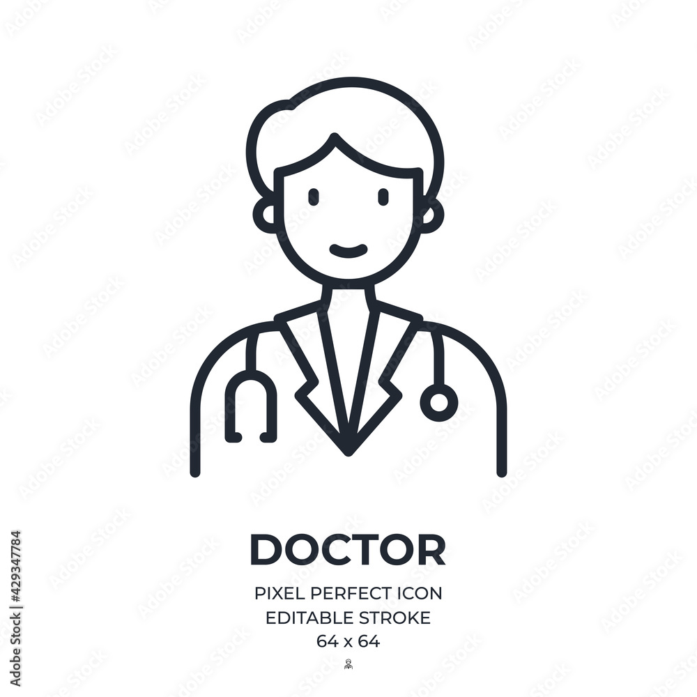 Male doctor editable stroke outline icon isolated on white background flat vector illustration. Pixel perfect. 64 x 64. Male doctor editable stroke outline icon isolated on white background flat vector illustration. Pixel perfect. 64 x 64.