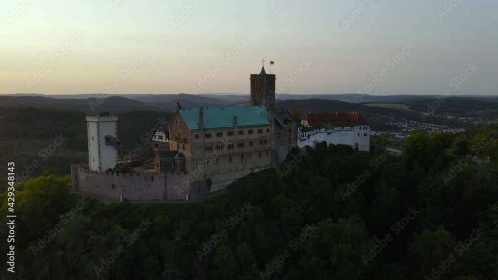 Aerial drone shot reveal of Wartburg Castle in Eisenach, Germany. Aerial drone shot reveal of Wartburg Castle in Eisenach, Germany.
