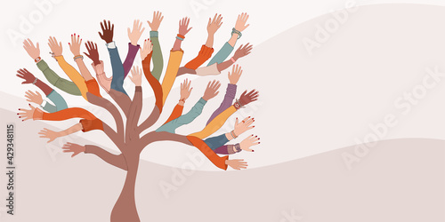 Group of hands of diverse and multi-ethnic people.Tree with branches made of human hands and arms.Community concept - racial equality - cooperation - friendship.Diversity people. Banner