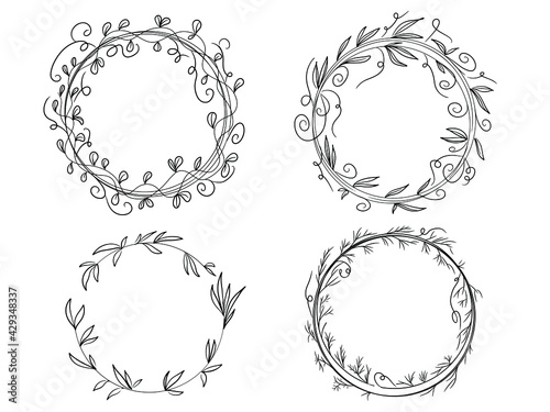 Set from frames. Hand drawn round wreaths in linear style. Stylish round frames