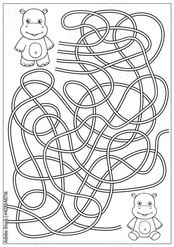 Kids maze game with cute cartoon hippos. Coloring book and worksheet. Children activity page with baby hippopotamus. Educational riddle. Vector illustration.