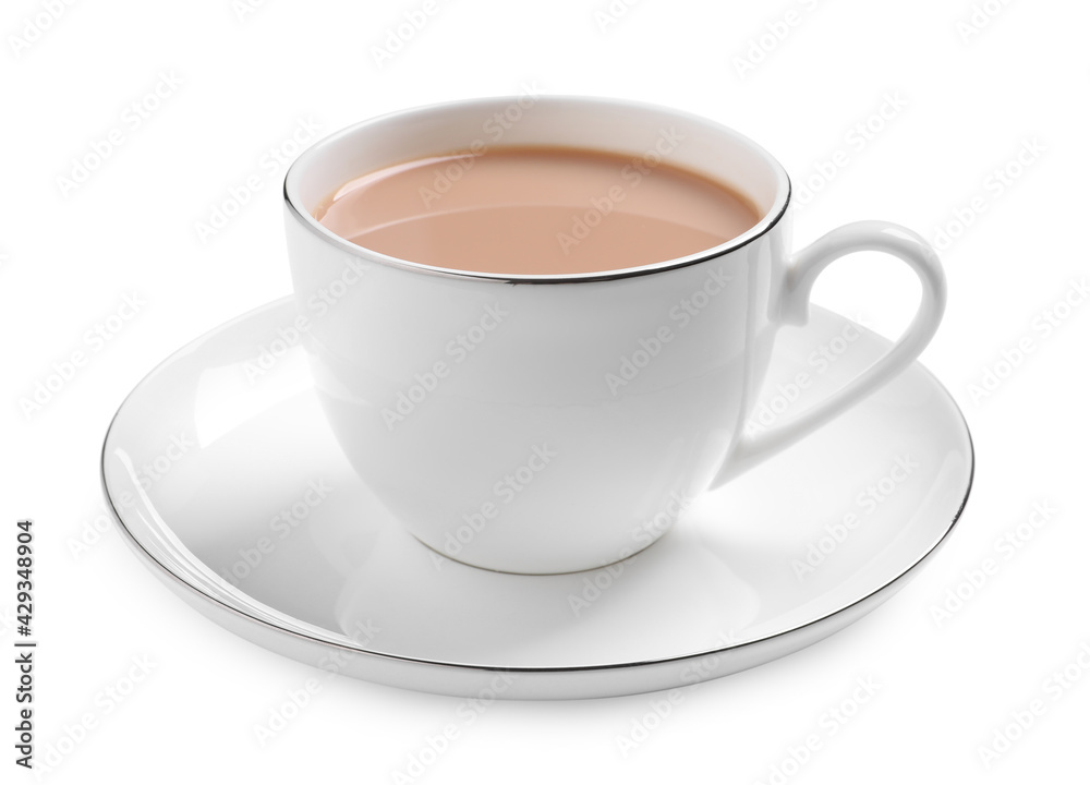 Delicious tea with milk on white background Delicious tea with milk on white background