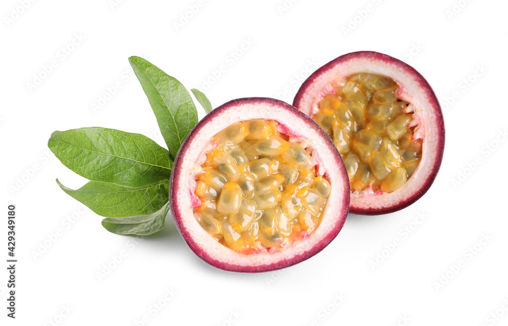 Cut ripe passion fruit with leaf isolated on white Cut ripe passion fruit with leaf isolated on white