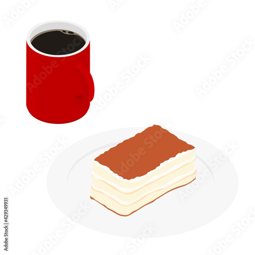 Italian tiramisu dessert with red mup of coffee