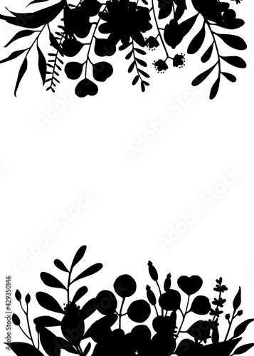  floral twigs branches flowers silhouettes frame arrangement, isolated vector illustration