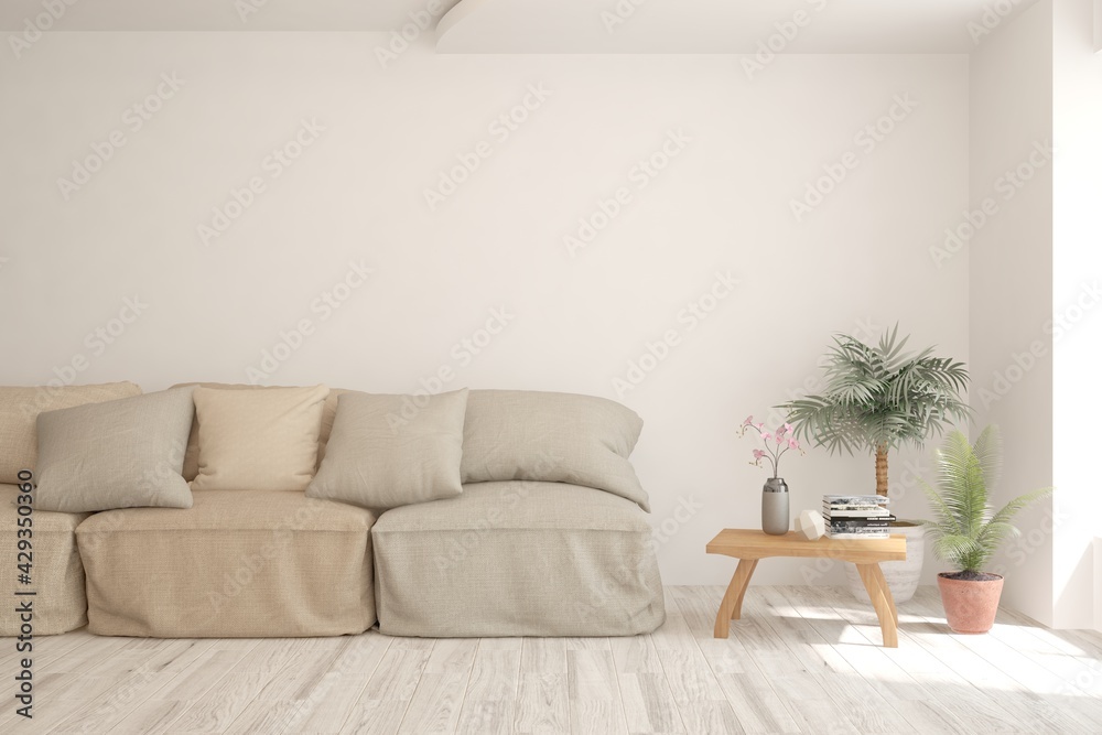 Fototapeta premium Soft color living room with sofa. Scandinavian interior design. 3D illustration