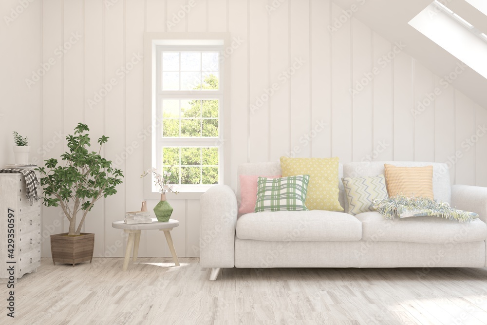Fototapeta premium Soft color living room with sofa. Scandinavian interior design. 3D illustration